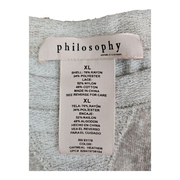 PHILOSOPHY REPUBLIC CLOTHING Lace Sleeve Oatmeal French Terry Sweatshirt XL - Picture 6 of 7